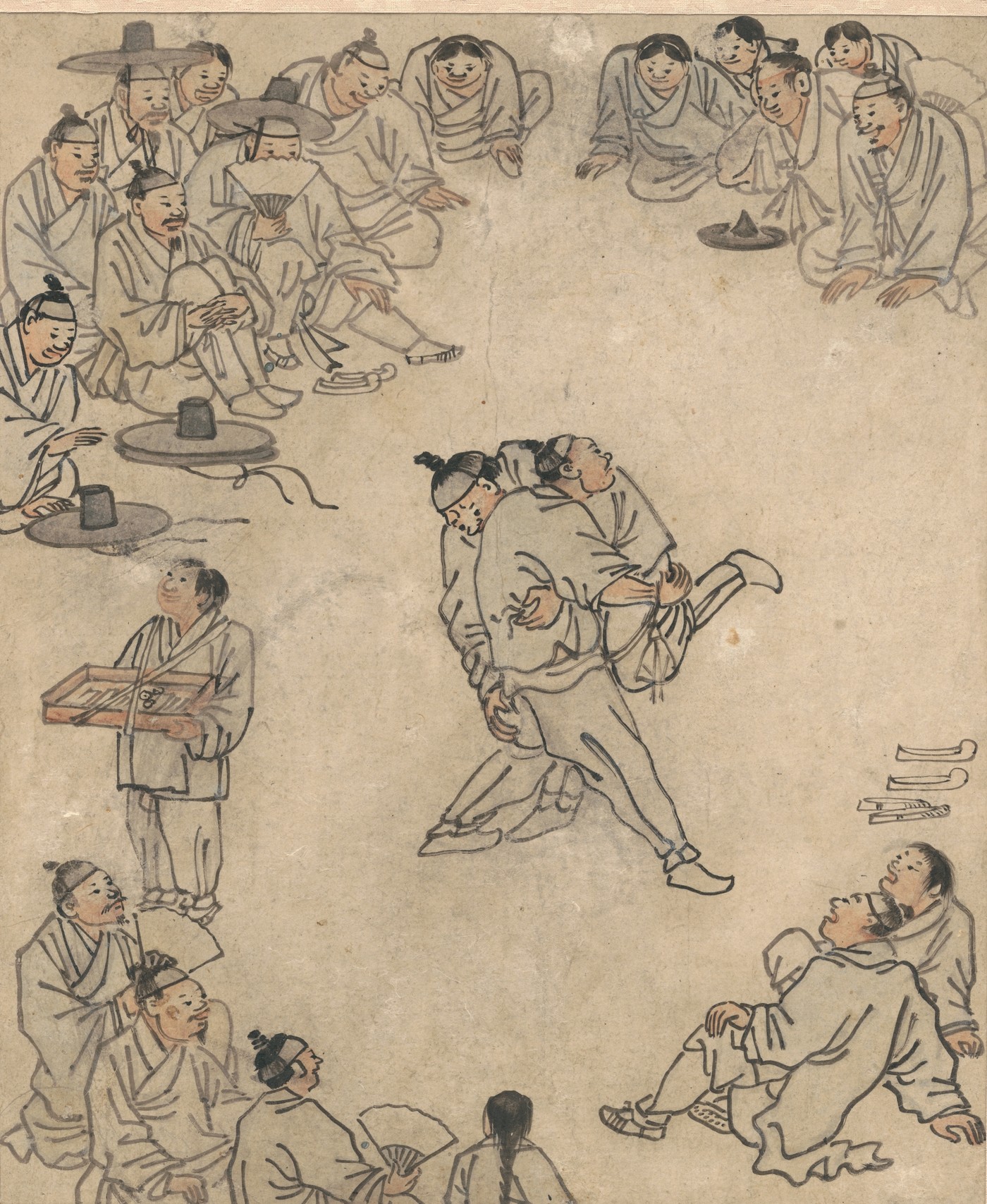 김홍도 《씨름》. 가운데 두 씨름꾼이 맞붙어 있고, 위아래로 구경꾼들이 둥글게 앉아 있다. 왼쪽 가운데에 판을 멘 사람이 서 있다.